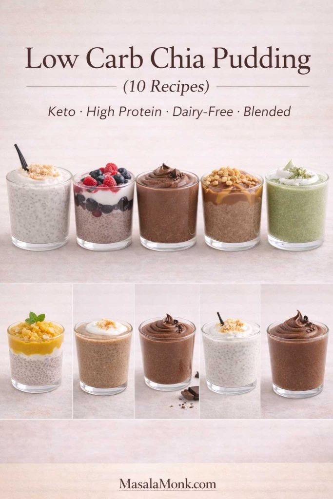 Collage-style image showing ten low carb chia pudding cups in a clean grid with the heading “Low Carb Chia Pudding (10 Recipes)” and the line “Keto • High Protein • Dairy-Free • Blended.” Features a variety of flavors including vanilla, berry, chocolate, peanut butter, matcha, mango, and mousse, with MasalaMonk.com in the footer.
