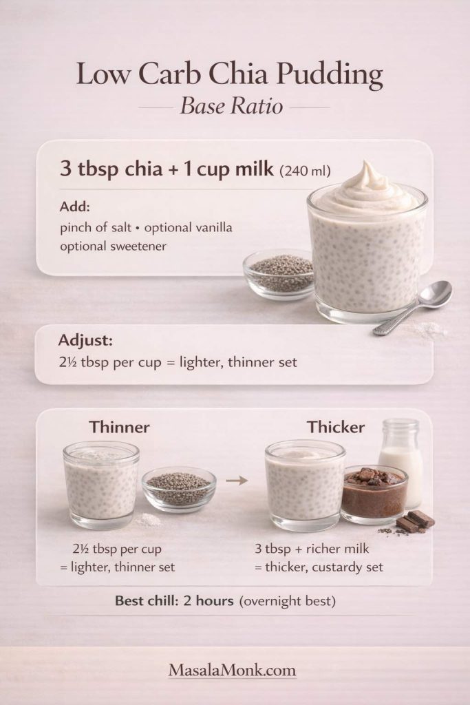 Infographic showing the low carb chia pudding base ratio: 3 tbsp chia seeds + 1 cup milk (240 ml), with add-ins (pinch of salt, optional vanilla, optional sweetener). It also shows how to adjust thickness: 2½ tbsp per cup for a lighter thinner set, or 3 tbsp plus richer milk for a thicker custardy set. Includes “Best chill: 2 hours (overnight best)” and MasalaMonk.com footer.