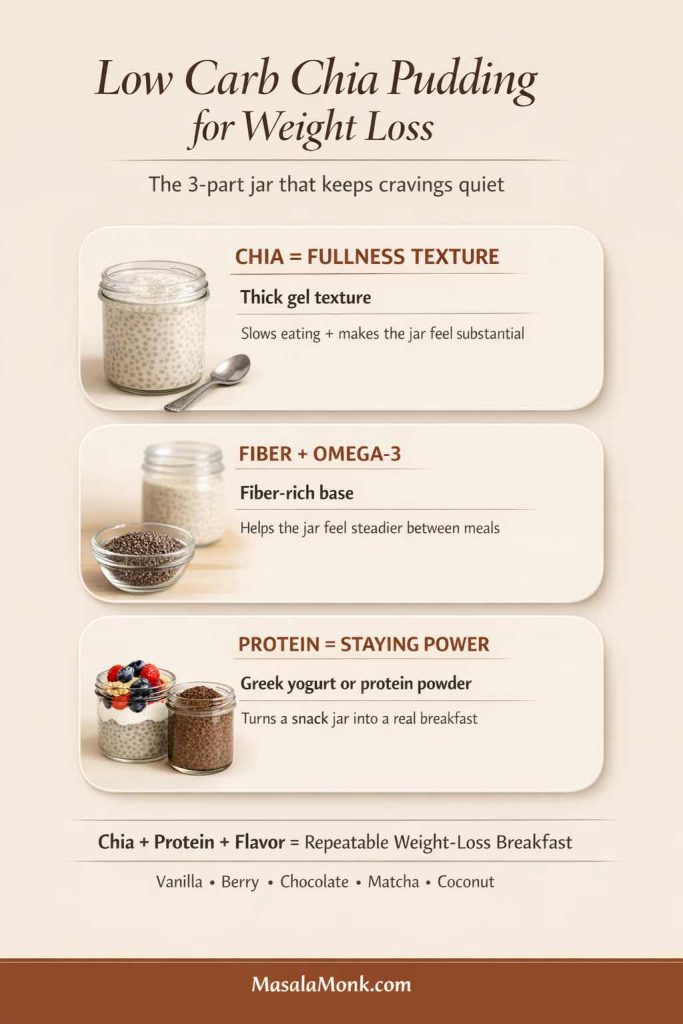 Infographic titled “Low Carb Chia Pudding for Weight Loss” explaining why it works: chia creates thick gel texture that slows eating, chia provides fiber + omega-3, and adding protein (Greek yogurt or protein powder) boosts staying power. Includes takeaway “Chia + Protein + Flavor = repeatable weight-loss breakfast” and MasalaMonk.com in the footer.
