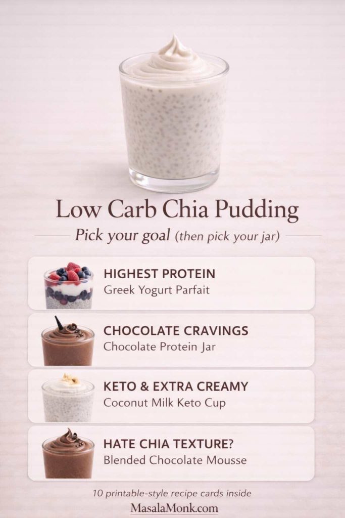 Goal-based chooser graphic for low carb chia pudding with a hero jar at the top and four labeled choices: “Highest Protein – Greek Yogurt Parfait,” “Chocolate Cravings – Chocolate Protein Jar,” “Keto & Extra Creamy – Coconut Milk Keto Cup,” and “Hate Chia Texture? – Blended Chocolate Mousse.” Clean editorial layout with MasalaMonk.com in the footer.