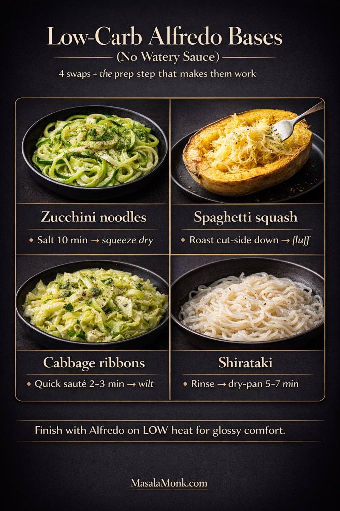 Dark luxe infographic titled “Low-Carb Alfredo Bases (No Watery Sauce)” with a 2×2 grid showing zucchini noodles (salt 10 min then squeeze dry), spaghetti squash (roast cut-side down then fluff), cabbage ribbons (quick sauté 2–3 min to wilt), and shirataki noodles (rinse then dry-pan 5–7 min), plus a note to finish with Alfredo on low heat and a MasalaMonk.com footer.