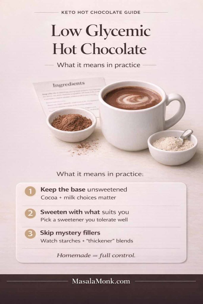 Low glycemic hot chocolate isn’t a magic ingredient—it’s a practical approach: start with an unsweetened base, sweeten in a way that suits you, and skip packaged “mystery fillers.” Save this guide for low glycemic hot cocoa choices that keep your mug cozy and your decisions simple.