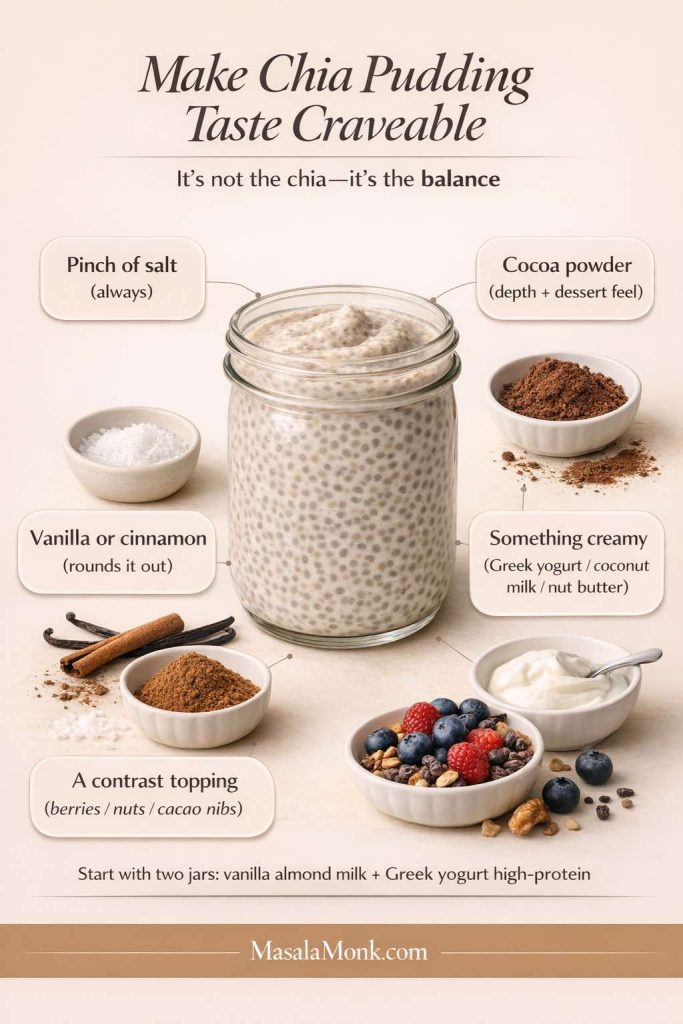 Infographic titled “Make Chia Pudding Taste Craveable” showing a central jar of chia pudding with callouts for flavor balance: pinch of salt, vanilla or cinnamon, cocoa powder, something creamy (Greek yogurt/coconut milk/nut butter), and a contrast topping (berries/nuts/cacao nibs). Bottom note suggests starting with two jars: vanilla almond milk and Greek yogurt high-protein. MasalaMonk.com is in the footer.