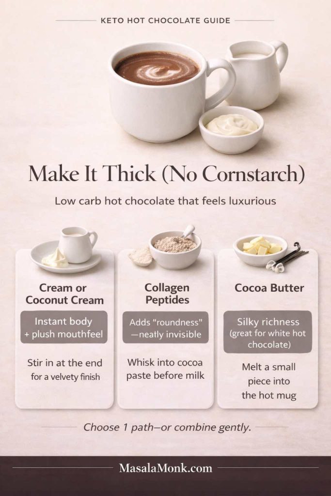 Photoreal infographic titled “Make It Thick (No Cornstarch)” showing a mug of low carb hot chocolate and three ways to add body—cream or coconut cream, collagen peptides, and cocoa butter—with short tips for thick, luxurious sugar-free hot cocoa.