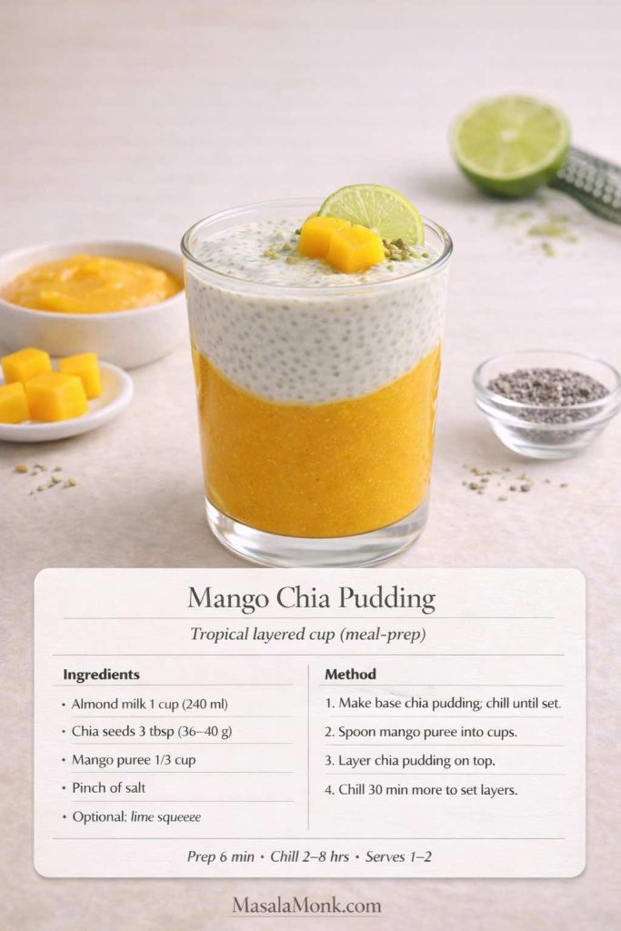 Recipe card image of mango chia pudding in a clear glass with a bright mango puree base and a creamy chia pudding layer on top, garnished with a lime slice and mango cubes. The card lists ingredients and steps for a layered chia seed pudding made with almond milk, chia seeds, mango puree, and optional lime, including chill time and servings, with MasalaMonk.com in the footer.
