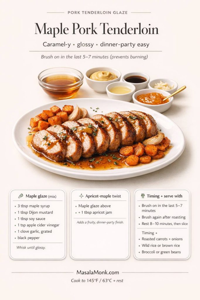 Maple pork tenderloin glaze recipe card showing sliced, juicy pork tenderloin medallions coated in glossy maple glaze with bowls of maple syrup, Dijon, soy sauce, vinegar, garlic, and apricot jam. Includes maple glaze ingredients, optional apricot-maple twist, and timing tips to brush glaze in the last 5–7 minutes, rest 8–10 minutes, then slice.