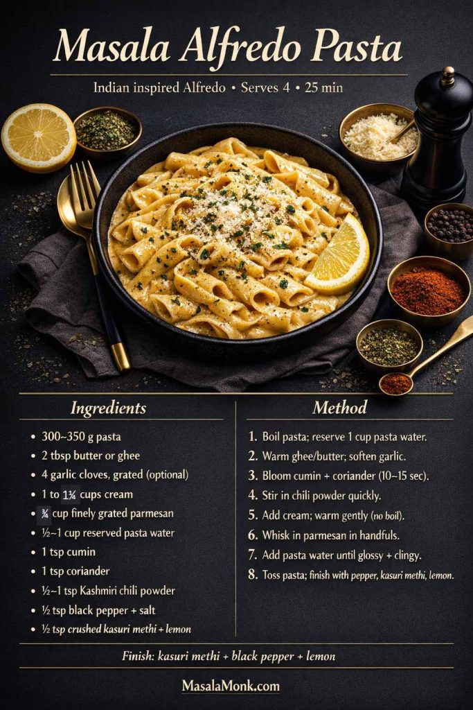 Dark luxe recipe card for Masala Alfredo Pasta (Indian inspired Alfredo) showing creamy pasta with lemon and kasuri methi, plus an ingredients list and step-by-step method including blooming cumin and coriander, adding cream and parmesan, and loosening with pasta water for a glossy sauce.