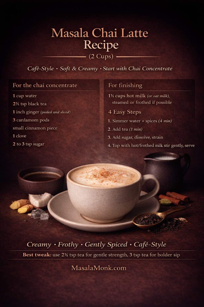 Masala chai latte recipe card in a dark luxe editorial style showing a frothy chai latte in a cup with chai concentrate and spices, plus ingredient sections for chai concentrate and finishing milk, and a 4-step method for a café-style masala chai latte.