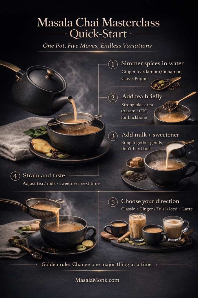 Dark-luxe editorial infographic titled “Masala Chai Masterclass Quick-Start” showing a 5-step masala chai recipe flow: simmer spices in water, add black tea briefly, add milk and sweetener, strain and taste, and choose a variation direction (classic, ginger, tulsi, iced, or latte). Includes photo-style chai visuals, step numbers, and MasalaMonk.com footer branding.