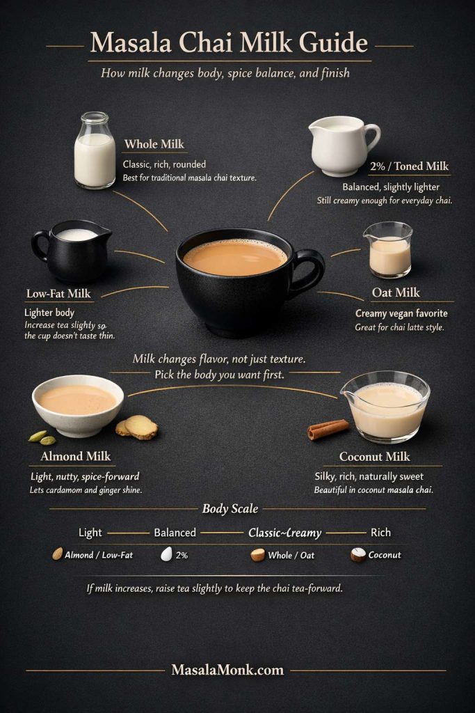 Choosing the right milk can completely change your masala chai. This visual guide compares whole milk, toned/2%, low-fat, oat, almond, and coconut milk so you can quickly pick the body and finish you want—classic, lighter, creamy, or rich. Use it as a quick reference before brewing, then read the full MasalaMonk masala chai recipe for exact ratios, 10 variations, and troubleshooting tips. Save this guide for your next chai session and share it with someone who loves homemade chai.