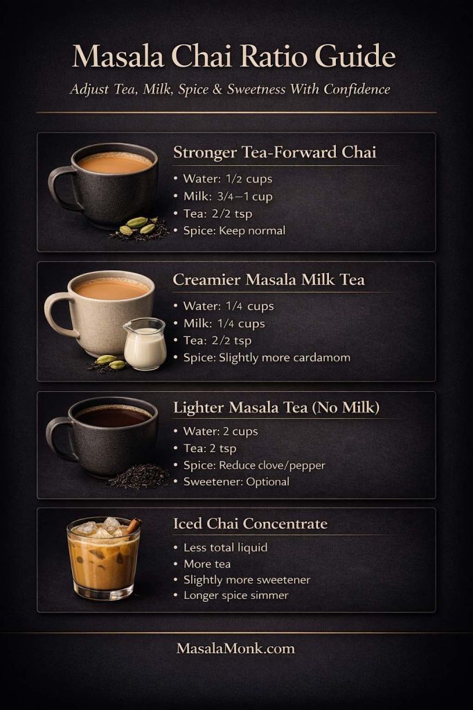 Masala chai ratio guide infographic showing how to adjust tea, milk, spice, and sweetness for stronger tea-forward chai, creamier masala milk tea, lighter masala tea without milk, and iced chai concentrate, in a dark editorial layout with MasalaMonk.com footer.