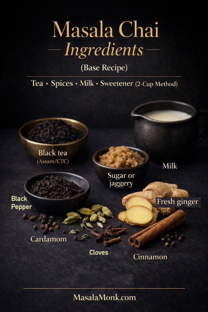 Masala chai recipe ingredients guide for a 2-cup base recipe, showing black tea, cardamom, fresh ginger, cinnamon, cloves, milk, and sugar or jaggery in a premium dark editorial layout with labeled text and MasalaMonk.com footer.