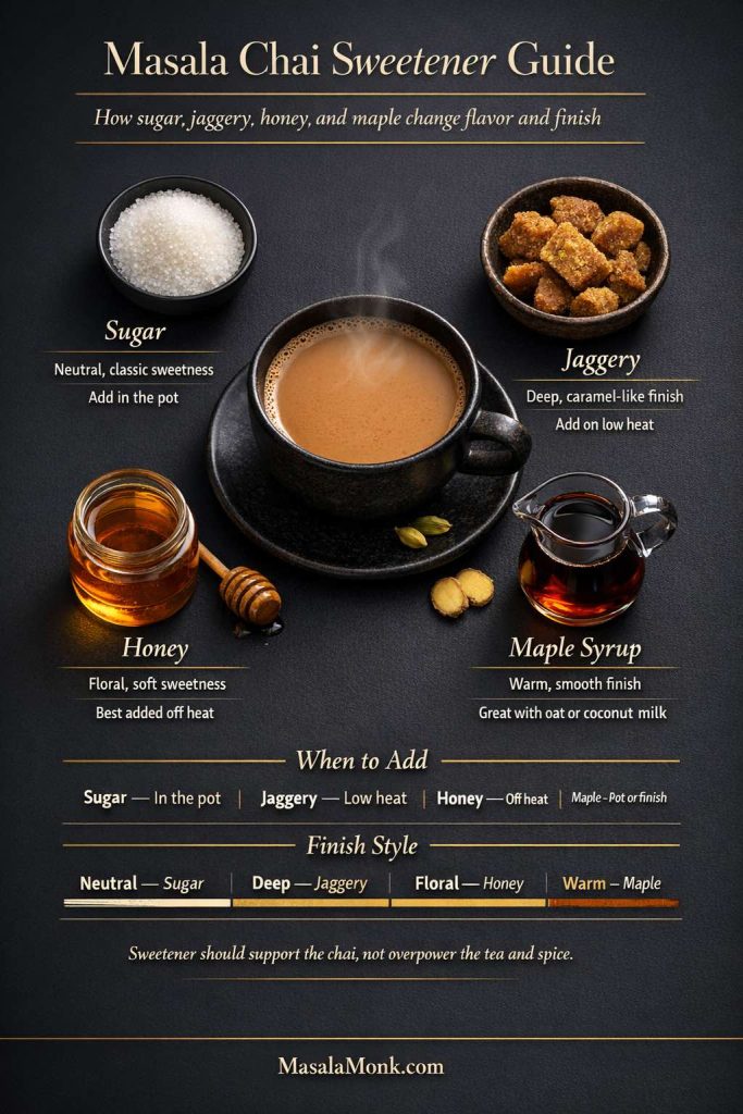 Masala chai sweetener guide infographic showing a central cup of chai with four sweetener options around it—sugar, jaggery, honey, and maple syrup—plus notes on flavor finish and when to add each sweetener. The chart explains neutral, deep, floral, and warm finish styles for masala chai and includes a “When to Add” quick reference and MasalaMonk.com footer.