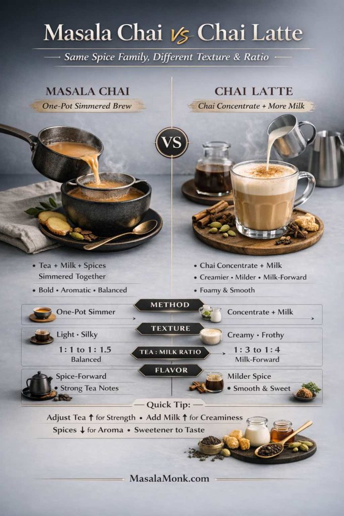 Masala Chai vs Chai Latte comparison infographic showing the difference in method, texture, flavor, and tea-to-milk ratio. The left side explains traditional masala chai as a one-pot simmered brew with tea, milk, and spices, while the right side shows a chai latte made with chai concentrate and more milk for a creamier, frothier texture. Includes a quick comparison guide and MasalaMonk.com footer.
