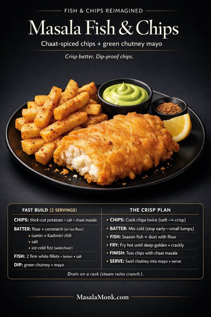 Vertical recipe card on a dark charcoal background titled “Masala Fish & Chips.” A matte-black plate holds a golden crispy battered fish fillet with a flaky white corner, thick British chips dusted with chaat masala, a ramekin of green chutney mayo, and a lemon wedge. Bottom panel lists quick ingredients and a “crisp plan” steps. MasalaMonk.com in footer.