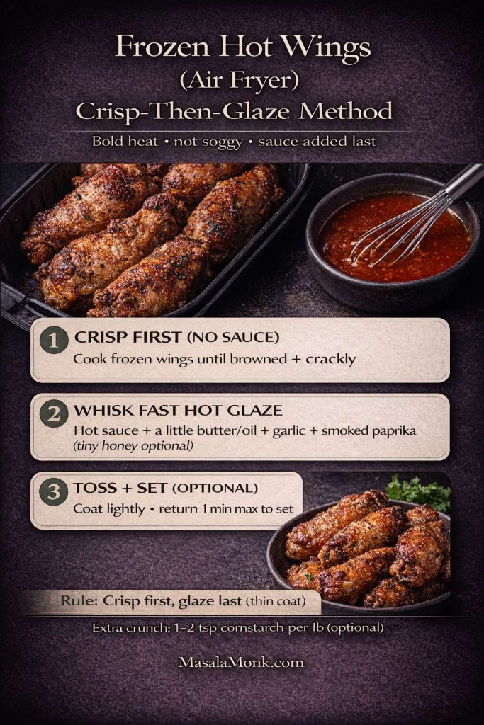 Infographic showing frozen hot wings in an air fryer using a crisp-then-glaze method: 1) Crisp frozen wings first with no sauce until browned and crackly. 2) Whisk a fast hot glaze (hot sauce, a little butter/oil, garlic, smoked paprika; tiny honey optional). 3) Toss lightly and return to air fryer up to 1 minute to set. Rule: crisp first, glaze last.