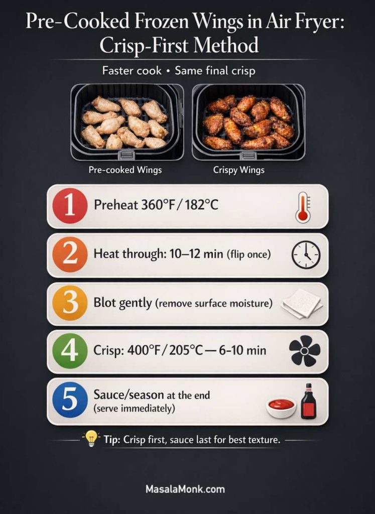 Pre-cooked frozen chicken wings in an air fryer, crisp-first method infographic. Steps: preheat to 360°F/182°C; heat through 10–12 minutes flipping once; blot gently to remove surface moisture; crisp at 400°F/205°C for 6–10 minutes; sauce or season at the end and serve immediately. Tip: crisp first, sauce last for best texture.