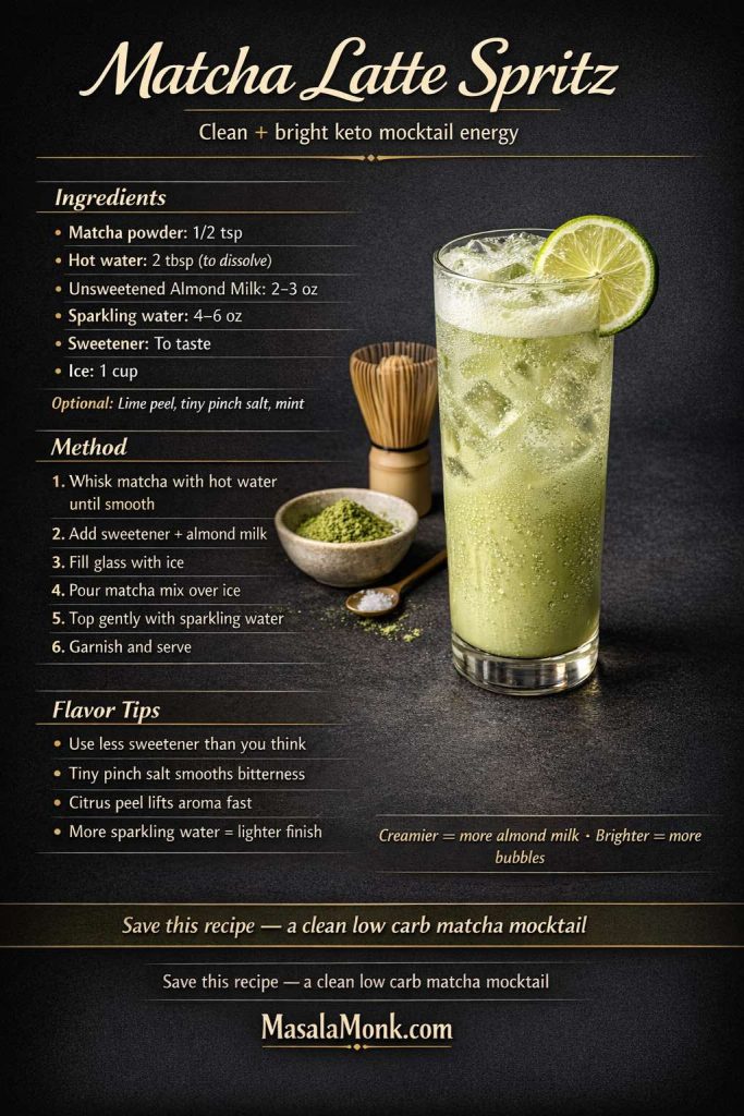 Dark luxe recipe-card infographic for a Matcha Latte Spritz keto mocktail, featuring a pale green iced matcha drink with lime garnish, plus ingredients, method steps, and flavor tips for a low carb sugar free mocktail made with matcha, almond milk, and sparkling water.