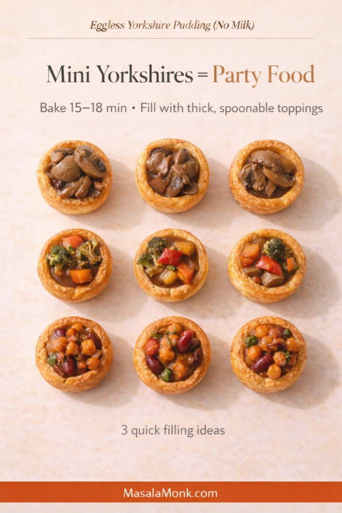 Nine mini eggless Yorkshire puddings (no milk) arranged in a grid and filled with three toppings—mushroom-onion gravy, roasted vegetables in gravy, and a thick chickpea/bean curry—with text overlay “Mini Yorkshires = Party Food,” bake time 15–18 minutes, and MasalaMonk.com in the footer.