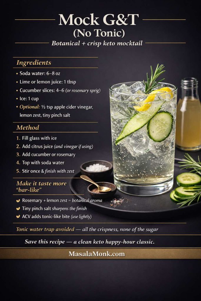 Dark luxury recipe-card infographic for a Mock G&T (No Tonic) keto mocktail, showing a clear sparkling drink with cucumber, rosemary, lemon zest, and ice, plus ingredients, method, and tips for a botanical low carb sugar free mocktail without tonic water.