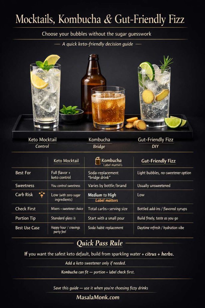 A dark luxe infographic titled “Mocktails, Kombucha & Gut-Friendly Fizz” comparing keto mocktails, kombucha, and gut-friendly fizzy drinks. It shows three drinks side by side with a chart for best use, sweetness, carb risk, label checks, portion tips, and a quick keto rule: sparkling water plus citrus and herbs is the safest default.