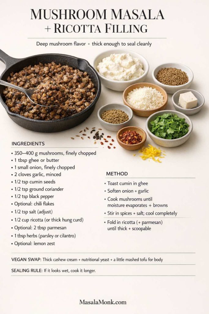 Making ravioli at home gets way easier when the filling is thick, dry, and scoopable—this mushroom masala + ricotta ravioli filling is built exactly for that. Cook the mushrooms down until the moisture is gone, bloom the cumin + coriander, then cool completely before folding in ricotta (or thick hung curd). The payoff: ravioli that seals cleanly, doesn’t leak, and tastes deeply savory. Save this card for your next pasta night, and use it alongside your favorite sauce (creamy mushroom, brown ghee-curry leaf, or a quick tomato).