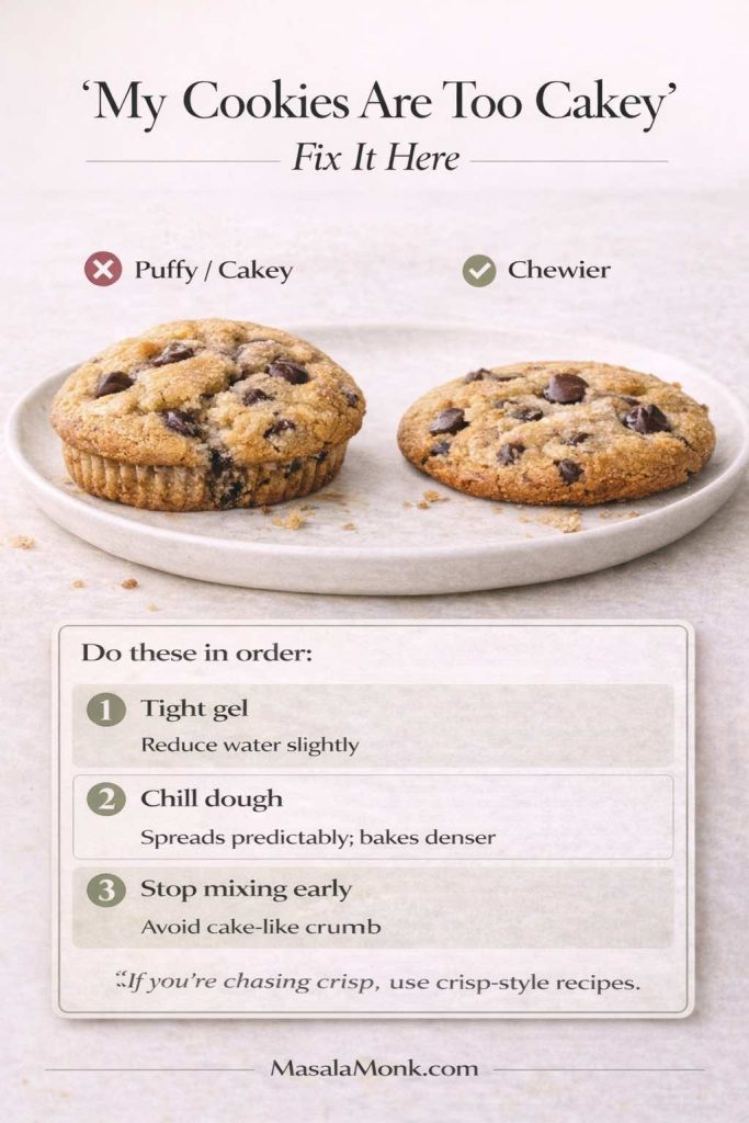 Vertical troubleshooting infographic titled “My Cookies Are Too Cakey” comparing a puffy/cakey cookie versus a flatter, chewier cookie. It provides a ranked fix list: (1) use a tighter flax gel by reducing water slightly, (2) chill the dough so it spreads predictably and bakes denser, and (3) stop mixing early to avoid a cake-like crumb. A note adds: if aiming for crisp cookies, use crisp-style recipes. MasalaMonk.com branding.