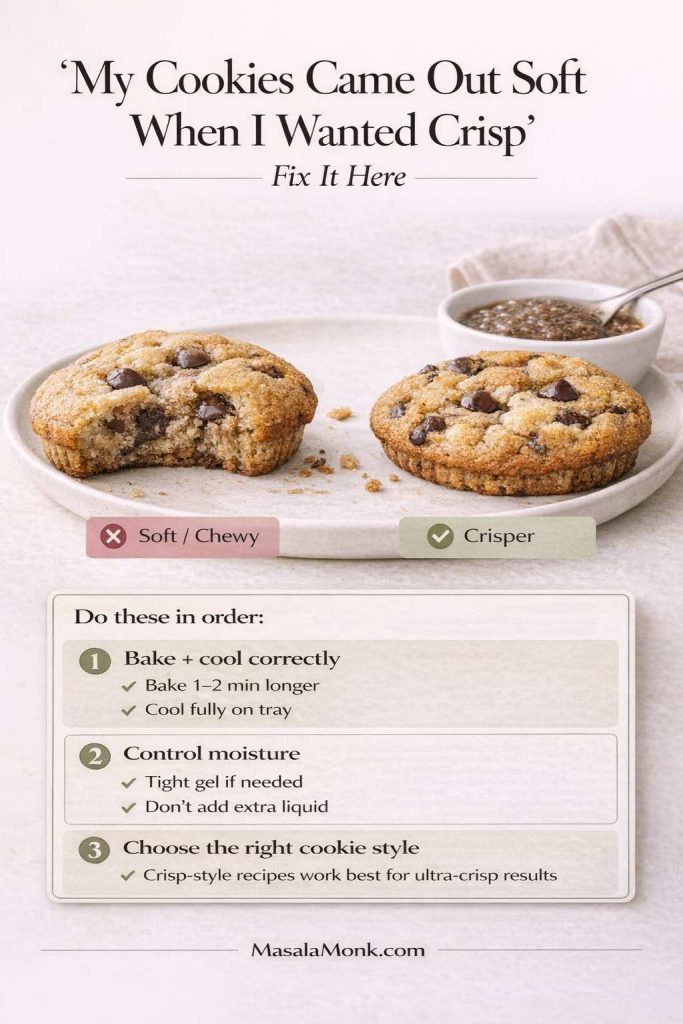 Vertical troubleshooting infographic titled “My Cookies Came Out Soft When I Wanted Crisp” showing two cookie textures labeled Soft/Chewy and Crisper, with a bowl of flax gel in the background. A ranked checklist says: (1) bake 1–2 minutes longer and cool fully on the tray, (2) control moisture by using a tighter flax gel if needed and not adding extra liquid, and (3) choose a crisp-style cookie recipe for ultra-crisp results. MasalaMonk.com branding.