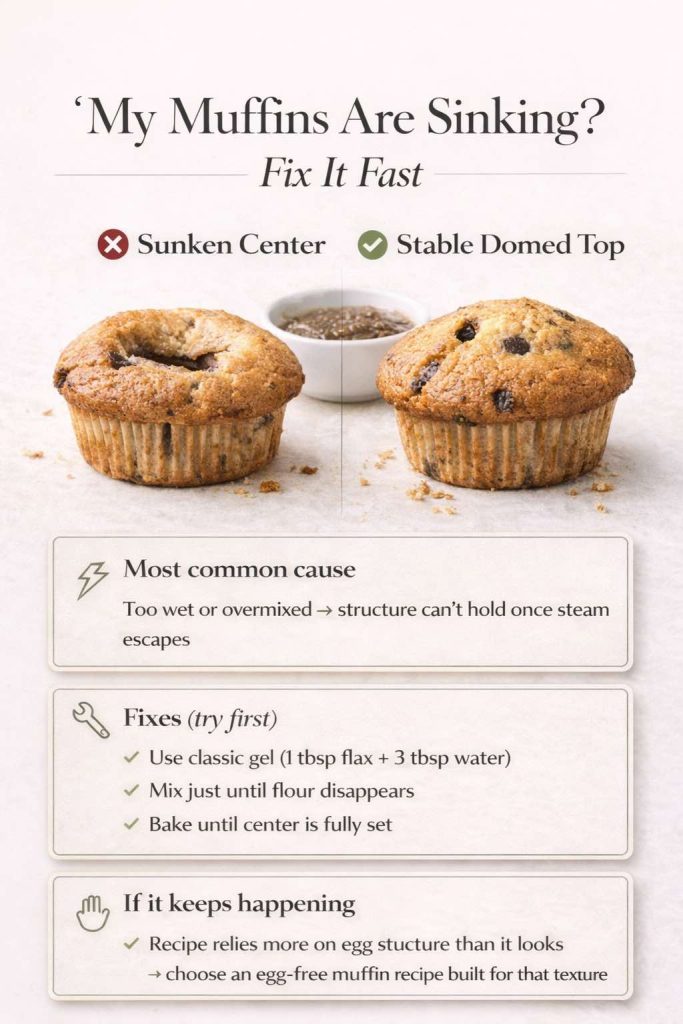 Vertical troubleshooting infographic titled “My Muffins Are Sinking? Fix It Fast” showing a side-by-side comparison of a muffin with a sunken center versus a stable domed top, with a bowl of flax gel behind. It explains the most common cause (too wet or overmixed so the structure can’t hold once steam escapes) and lists fixes: use the classic flax gel (1 tbsp ground flaxseed + 3 tbsp water), mix only until flour disappears, and bake until the center is fully set. It adds that repeated sinking can mean the recipe relies on egg structure and an egg-free muffin recipe may work better. MasalaMonk.com branding.