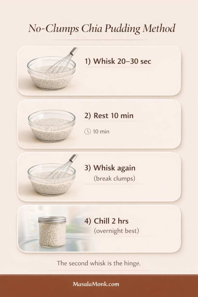 Step-by-step infographic titled “No-Clumps Chia Pudding Method” showing four steps: 1) whisk 20–30 seconds, 2) rest 10 minutes, 3) whisk again to break clumps, and 4) chill 2 hours (overnight best). Includes a bowl-and-whisk visual sequence, a jar chilling in the fridge, and the note “The second whisk is the hinge,” with MasalaMonk.com in the footer.