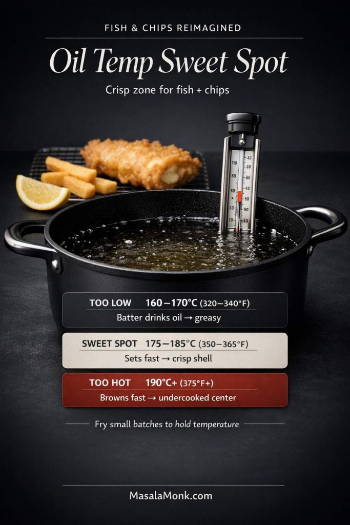 Oil temperature guide for crispy fish and chips on a dark studio background. A deep pot of hot oil holds a clip-on thermometer, with thick chips and a fried fish piece on a rack behind. Text overlay shows three ranges: too low 160–170°C (320–340°F) greasy, sweet spot 175–185°C (350–365°F) crisp shell, too hot 190°C+ (375°F+) browns fast and undercooked center. MasalaMonk.com footer.