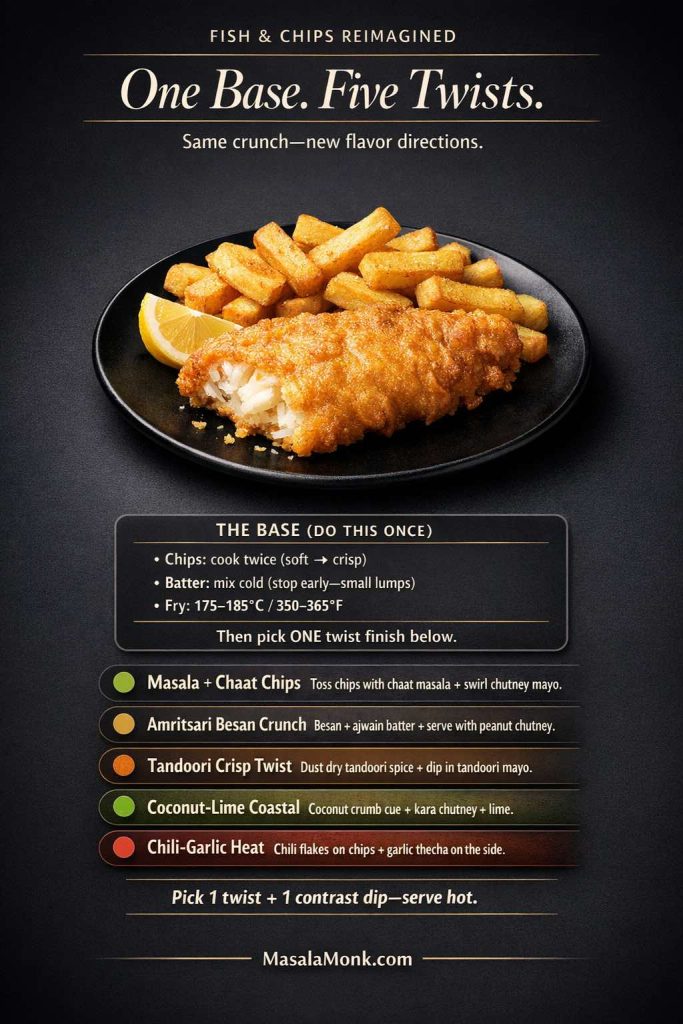 Vertical guide card titled “One Base. Five Twists.” showing a matte-black plate with crispy battered fish, thick British chips, and a lemon wedge. Below, a “Base (do this once)” box lists: cook chips twice (soft to crisp), mix batter cold (small lumps), and fry at 175–185°C / 350–365°F. Five colored rows list Indian twist finishes: Masala + Chaat Chips, Amritsari Besan Crunch, Tandoori Crisp Twist, Coconut-Lime Coastal, and Chili-Garlic Heat, plus the line “Pick 1 twist + 1 contrast dip—serve hot.” Footer reads MasalaMonk.com.