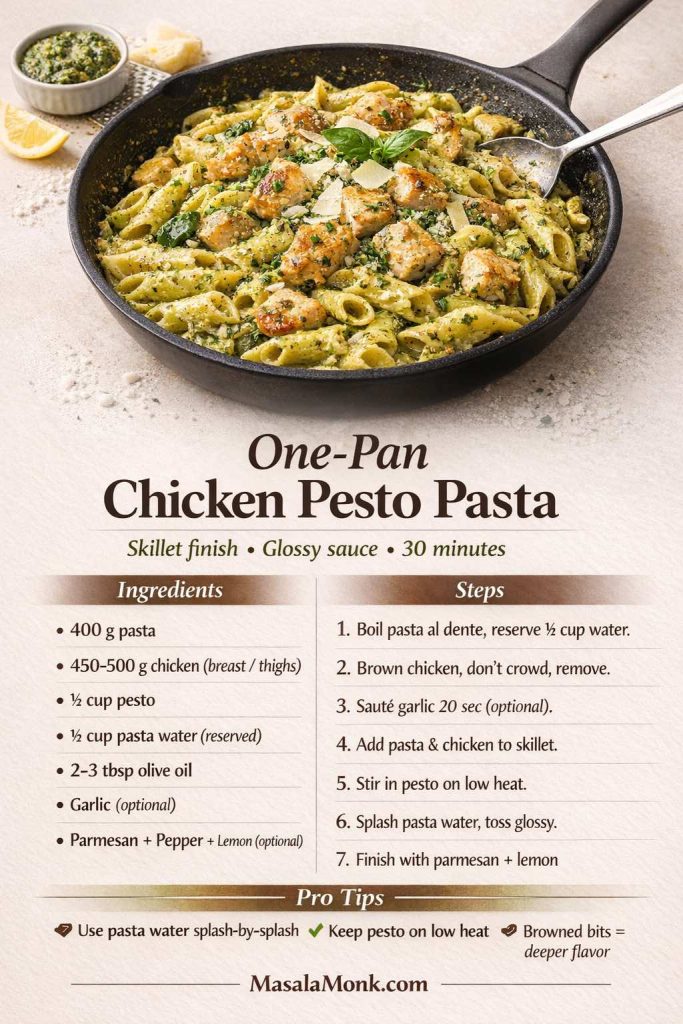 One-pan chicken pesto pasta recipe card showing a skillet of pesto-coated pasta with browned chicken, Parmesan, basil, pesto ramekin, and lemon wedge, plus an ingredient list, step-by-step skillet method, and pro tips to use reserved pasta water and keep pesto on low heat for a glossy sauce.