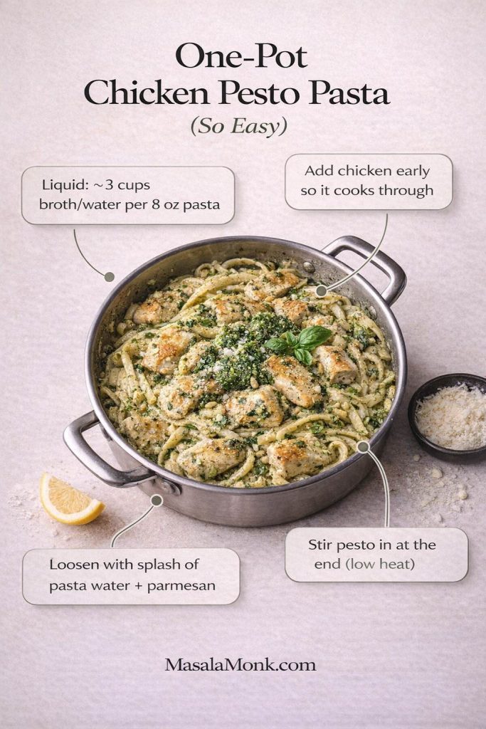 Top-down one-pot chicken pesto pasta infographic showing a pot of pesto pasta with chicken and basil, with callouts for liquid ratio (about 3 cups broth or water per 8 oz pasta), adding chicken early, stirring pesto in at the end on low heat, and finishing with pasta water plus parmesan; MasalaMonk.com footer.