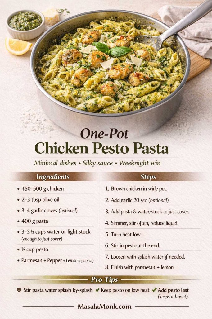 One-pot chicken pesto pasta recipe card showing a wide pot of pesto-coated pasta with browned chicken, Parmesan, basil, and a pesto ramekin, plus ingredients, step-by-step one-pot simmer instructions, and pro tips to stir often, add pesto at the end on low heat, and loosen the sauce with a splash of water if needed.