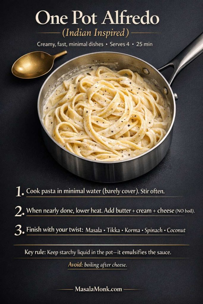 Dark luxe infographic showing a one pot Indian inspired Alfredo pasta method with three steps: cook pasta in minimal water, lower heat and add butter/cream/cheese without boiling, then finish with a twist like masala, tikka, korma, spinach, or coconut; includes a tip to keep starchy liquid for a glossy sauce and a warning to avoid boiling after cheese.