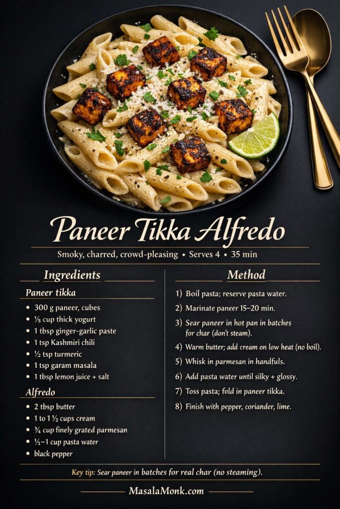 Dark luxe recipe card for Paneer Tikka Alfredo pasta showing creamy penne Alfredo topped with smoky, charred paneer tikka cubes, plus a paneer tikka marinade list, Alfredo sauce ingredients, and step-by-step method including searing paneer in batches and loosening sauce with pasta water.