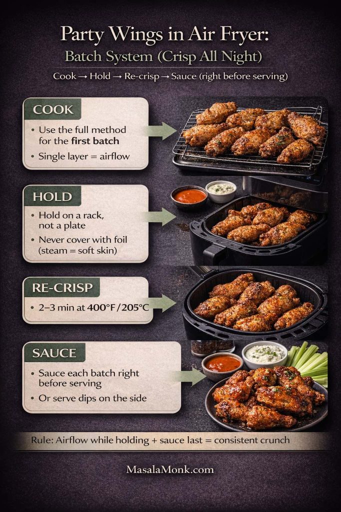 Vertical infographic titled “Party Wings in Air Fryer: Batch System (Crisp All Night).” It shows a 4-step flow: Cook first batch in a single layer for airflow, Hold wings on a rack (not a plate) and don’t cover with foil, Re-crisp 2–3 minutes at 400°F/205°C, then Sauce right before serving or offer dips on the side. Footer: MasalaMonk.com.