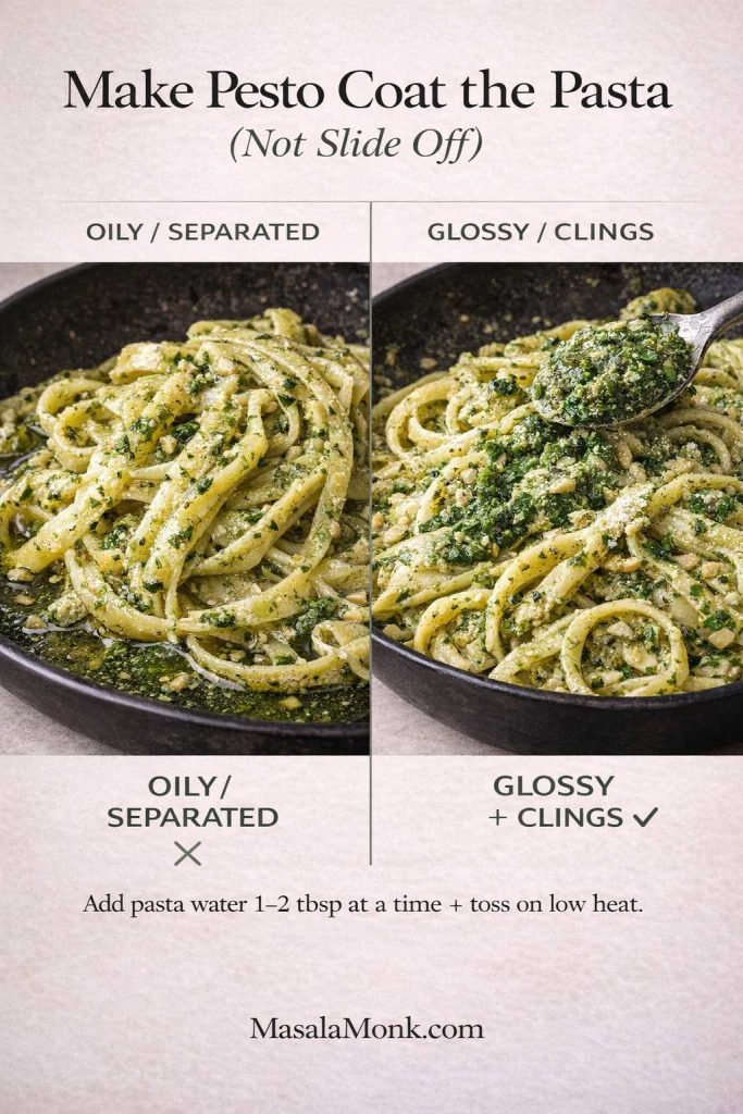 Side-by-side infographic showing pesto pasta sauce texture: left panel “oily/separated” pesto on noodles and right panel “glossy/clings” pesto coating pasta, with instruction to add pasta water 1–2 tablespoons at a time and toss on low heat; MasalaMonk.com footer.