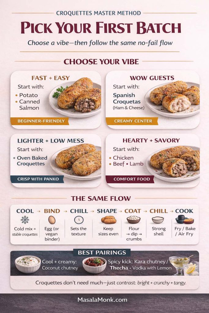 Croquettes master method infographic titled ‘Pick Your First Batch’ with four starter options—fast and easy (potato or canned salmon), wow guests (Spanish croquetas ham and cheese), lighter low mess (oven baked croquettes), and hearty savory (chicken, beef, lamb)—plus a simple flow: cool, bind, chill, shape, coat, chill, cook, and a best pairings bar with coconut chutney, kara chutney/thecha, and vodka with lemon.