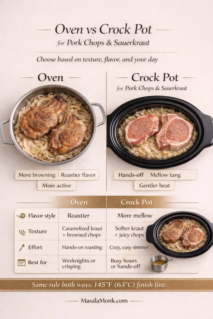 Comparison infographic for pork chops and sauerkraut showing oven vs crock pot cooking methods. The image compares flavor, texture, effort, and best use, with oven results labeled roastier and more browned, and crock pot results labeled mellow and hands-off. Includes a reminder to finish both methods at 145°F (63°C).