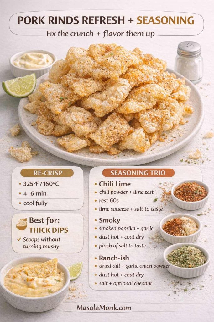 Portrait recipe-style infographic titled “Pork Rinds Refresh + Seasoning.” Shows a piled plate of pork rinds with lime, salt, and dip bowls. Overlay: re-crisp at 325°F/160°C for 4–6 minutes, then cool fully. Seasoning trio: Chili Lime (chili powder + lime zest), Smoky (smoked paprika + garlic), Ranch-ish (dill + garlic/onion). Footer: MasalaMonk.com.