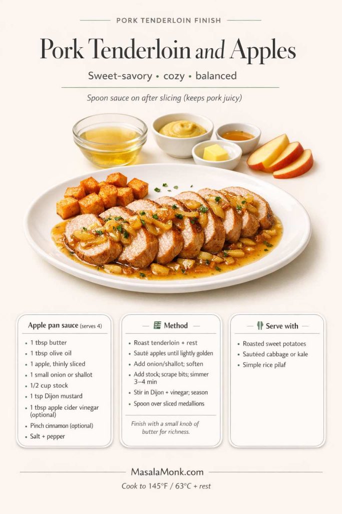 Recipe card showing sliced pork tenderloin and apples with a glossy apple pan sauce, plus ingredients (butter, olive oil, apple, onion/shallot, stock, Dijon, optional cider vinegar), quick method steps, and serving ideas like roasted sweet potatoes, sautéed cabbage or kale, and rice pilaf.