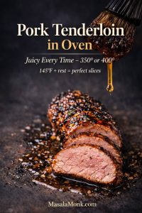 Close-up of sliced pork tenderloin in the oven with a glossy finish; a basting brush drips sauce over the roast, with text showing 350° or 400° and 145°F for juicy slices.