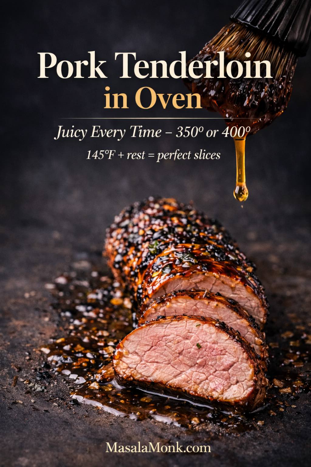 Close-up of sliced pork tenderloin in the oven with a glossy finish; a basting brush drips sauce over the roast, with text showing 350° or 400° and 145°F for juicy slices.