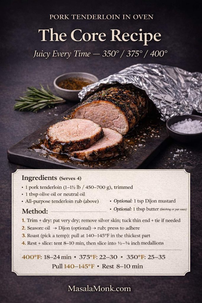 Recipe card for pork tenderloin in oven showing a sliced tenderloin on a board and the core method with oven temps 350, 375, and 400 degrees plus the 140–145°F pull temperature and 8–10 minute rest.