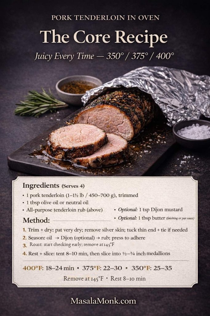 Recipe card for pork tenderloin in the oven showing the 350°F, 375°F, and 400°F options, with guidance to start checking early, remove the tenderloin at 145°F (63°C), rest 8–10 minutes, then slice.