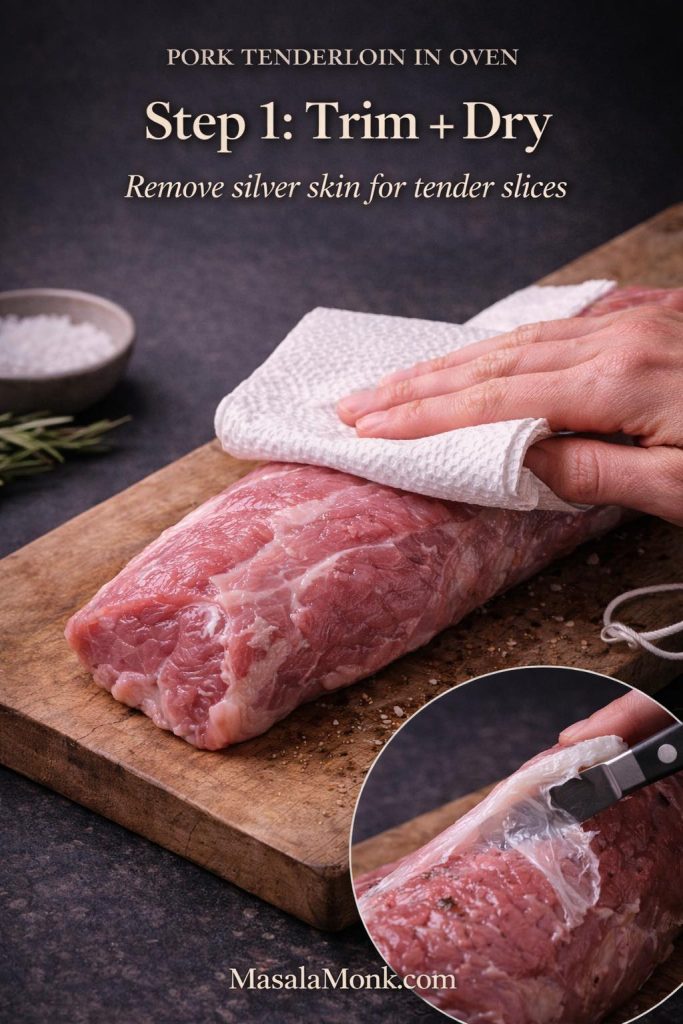 Raw pork tenderloin being patted dry on a cutting board with a paper towel, with a small inset showing silver skin being trimmed—Step 1 for pork tenderloin in oven.