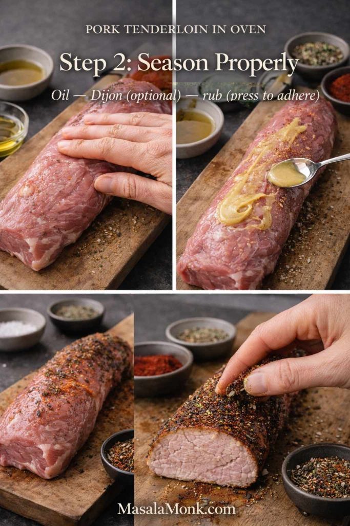 Hand seasoning a raw pork tenderloin on a cutting board with oil, optional Dijon mustard, and a spice rub, labeled “Step 2: Season Properly” for pork tenderloin in oven.