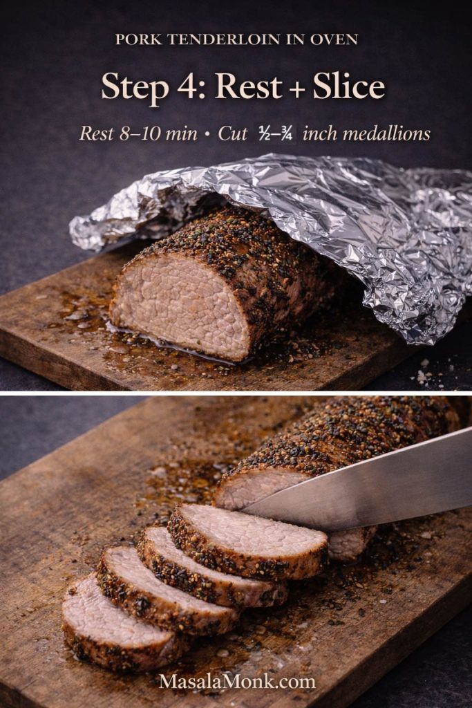 Cooked pork tenderloin resting under a foil tent on a cutting board, then being sliced into 1/2 to 3/4 inch medallions, labeled “Step 4: Rest + Slice” for pork tenderloin in oven.